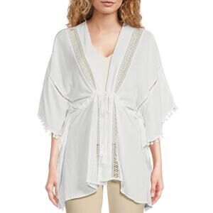 Vince Camuto Lace Inset Cinched Waist Topper Cardigan in Bright White
